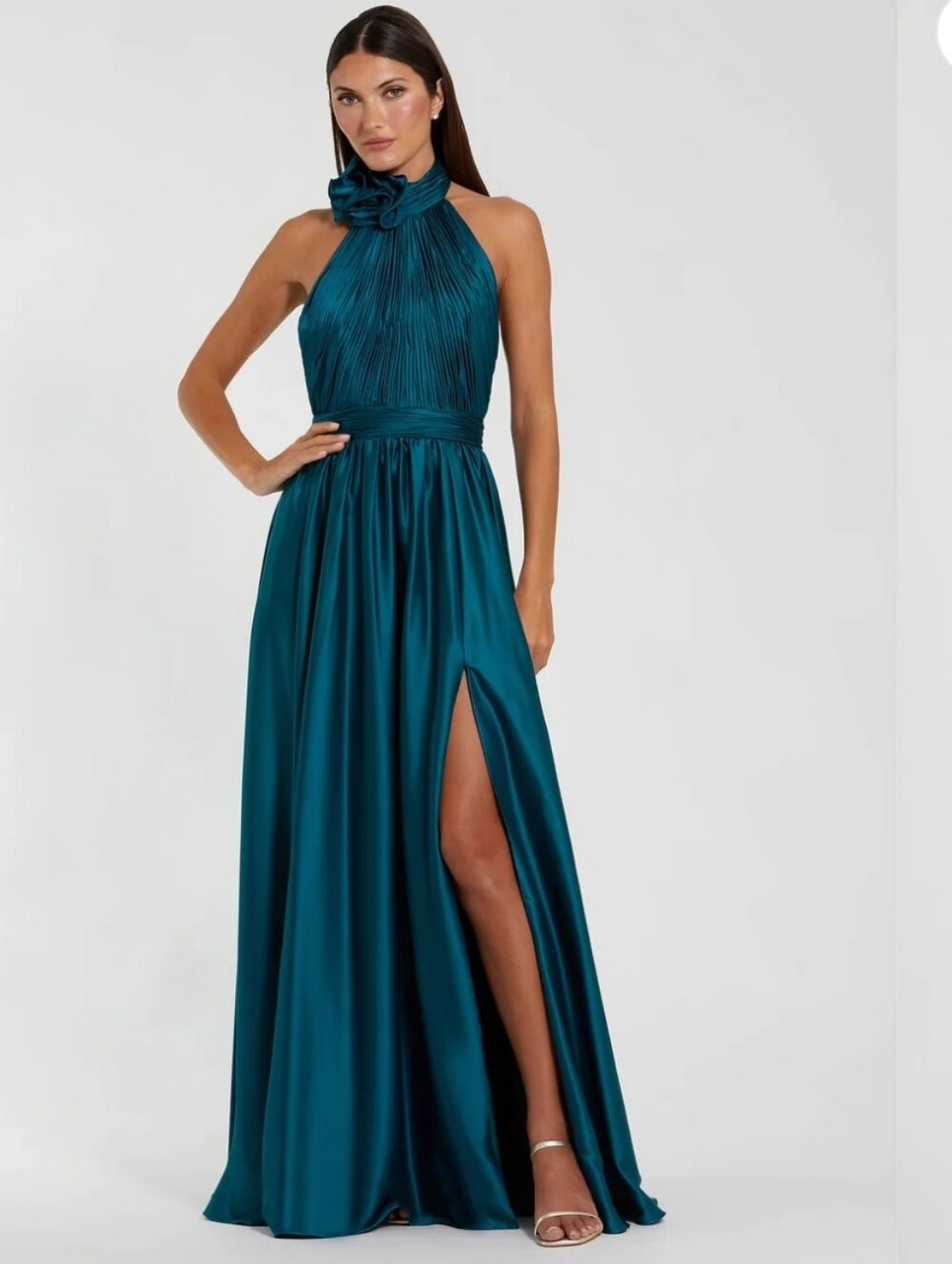Mac Duggal Teal Halter Maxi Gown with Side Slit